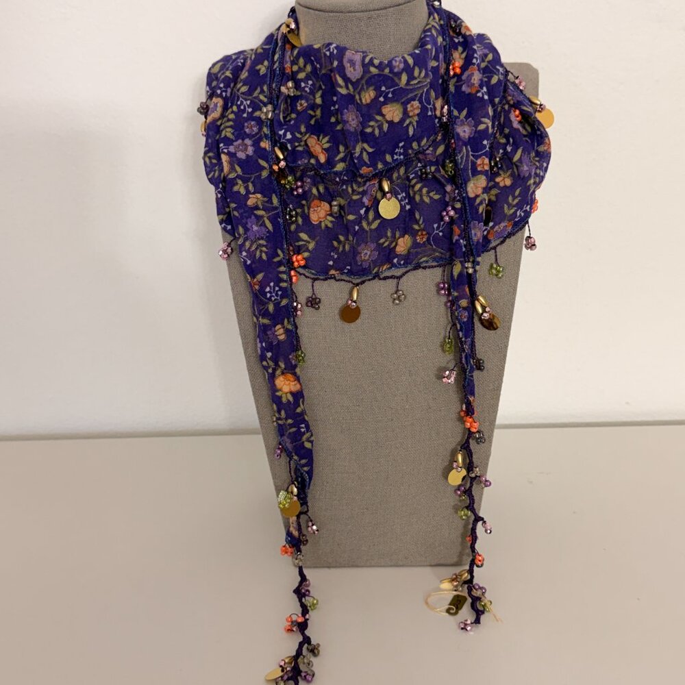 Traditional Turkish Oya Neck Violet  Scarf Bead & Needle Lace on Lawn Cotton - Picture 3 of 16